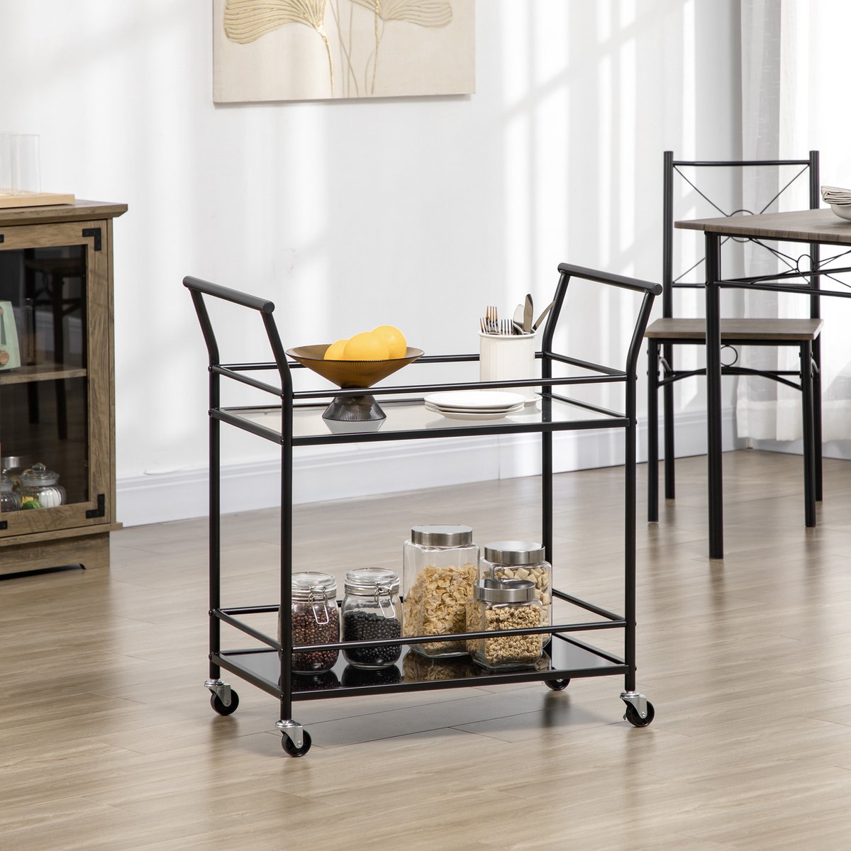 MIVRAY Keukenwagen - Verrijdbare Trolley Met 2 Planken En Remmen - Voor Keuken En Eetkamer - Staal En Glas - 75x40x80 Cm