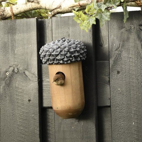 Een winterkoning kijkt uit een houten vogelhuisje in de vorm van een eikel, opgehangen aan een donker hek.