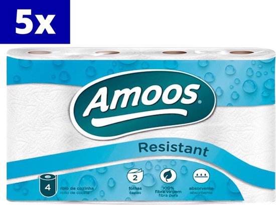 5x Amoos Resistant rouleau de cuisine 2 plis, fibre 100% vierge.