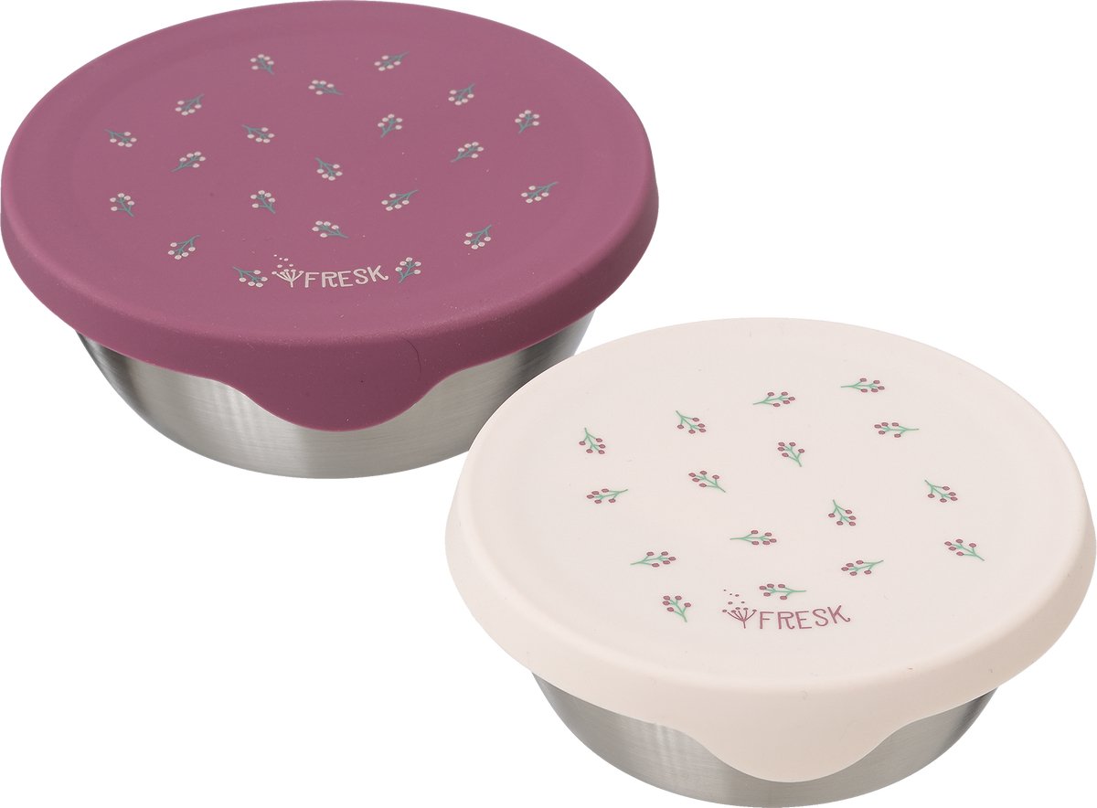 Fresk Snackbox voor Kinderen - 2 stuks - RVS Snackdoos - Vaatwasserbestendige Bewaarbakjes - Fruitbakje School - Vershoudbakjes - Fruitbox - Ecru - Berries