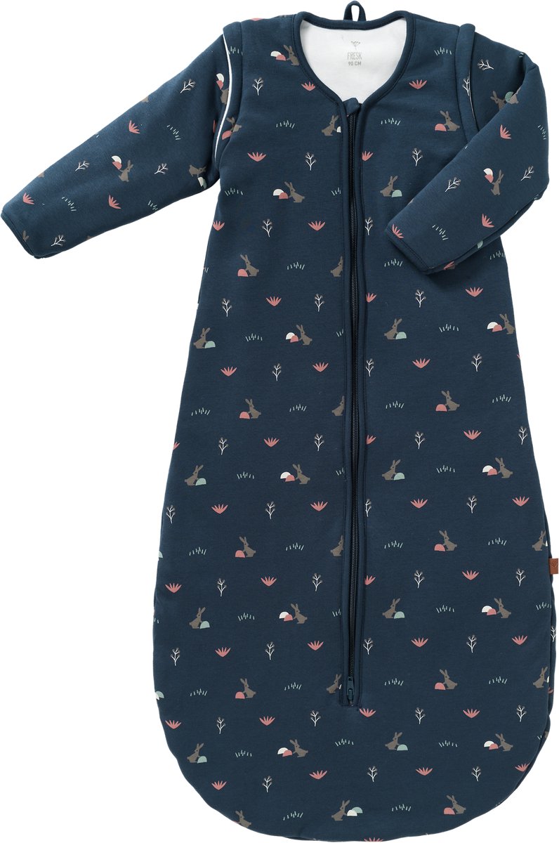 Fresk Slaapzak Baby Winter – Afritsbare Mouwen - Interlock met Lichte Voering - Biologisch Katoen - Zacht en Ademend - TOG 2.8 - Donkerblauw - Rabbit Mood Indigo