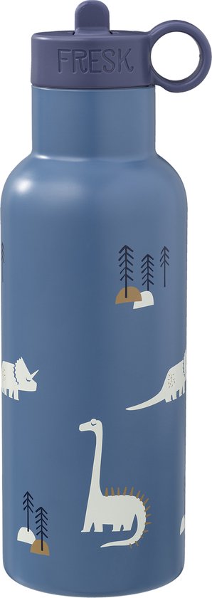 Blauwe waterfles met dinosaurussen en bomen print. Paarse dop met drinktuit en lus.