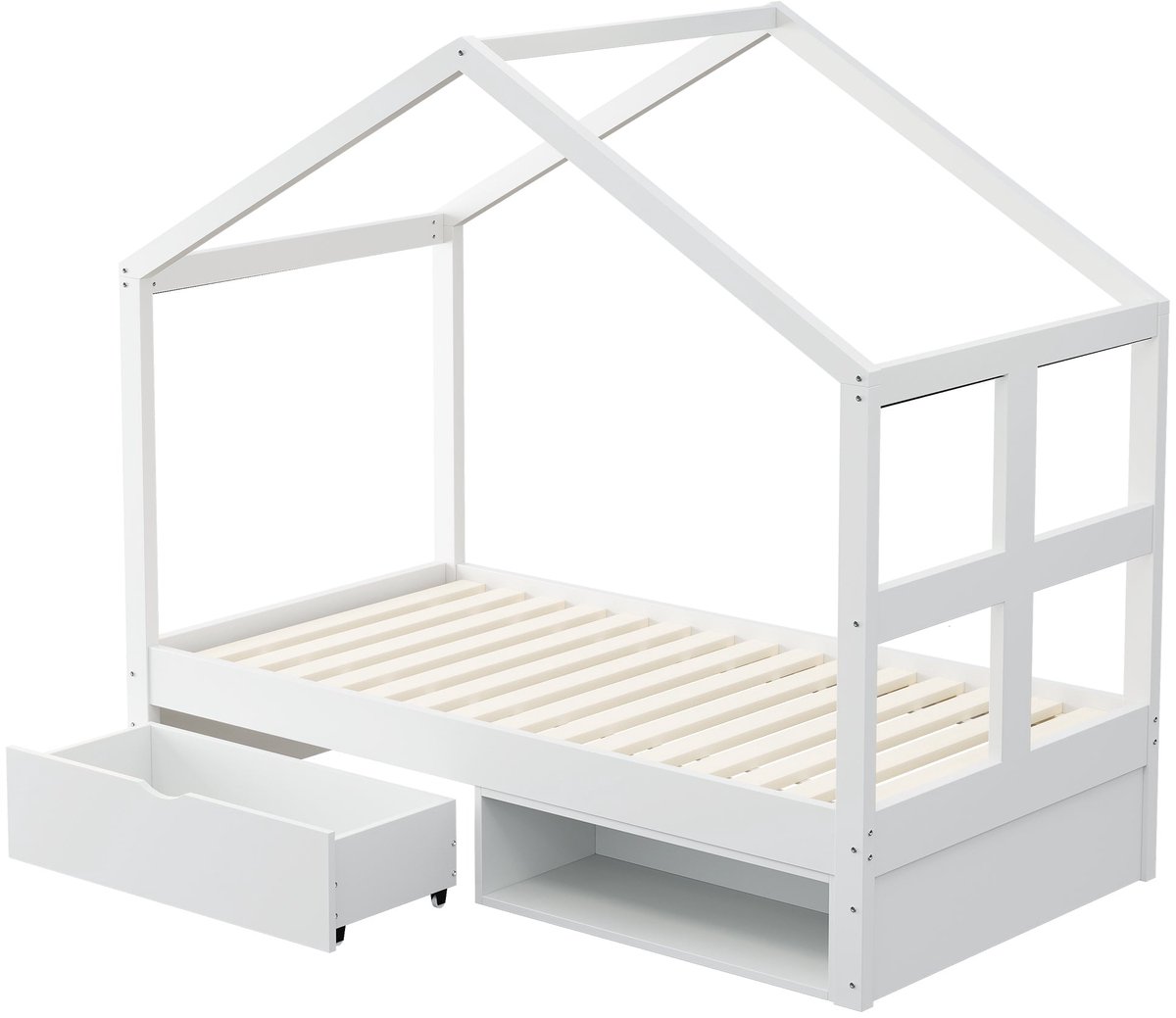 Merax Bed in Huisvorm 90x190 cm - Bed met Opbergruimte - met Lade en Schoenenvak - LED Verlichting met Afstandsbediening - Wit