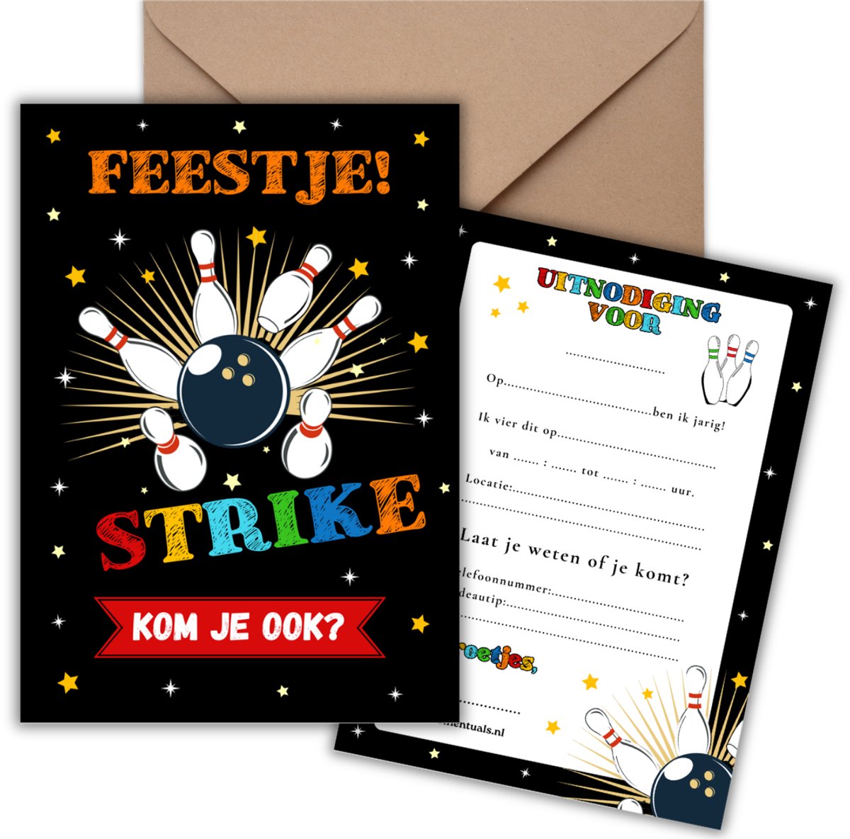 Uitnodiging Kinderfeestje 10 Kaarten + Enveloppen - Bowlen - Bowling – Jongen & Meisje - Uitnodigingskaarten – Beschrijfbaar – Verjaardag Kind