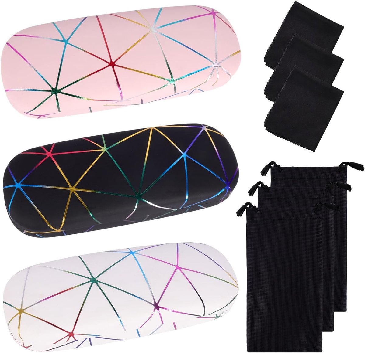 Hardcase Bril Etui Set van 3, Persoonlijk en Draagbaar met Poetsdoek - Kleurrijk en Trendy voor Zonnebrillen en Myopie Brillen