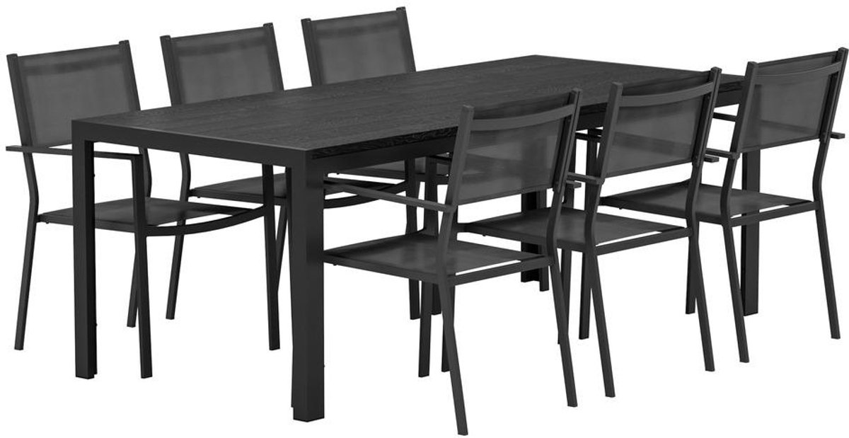 Svea - Clara rechthoekige tuintafel - zwart + 6x Jami tuinstoelen - zwart