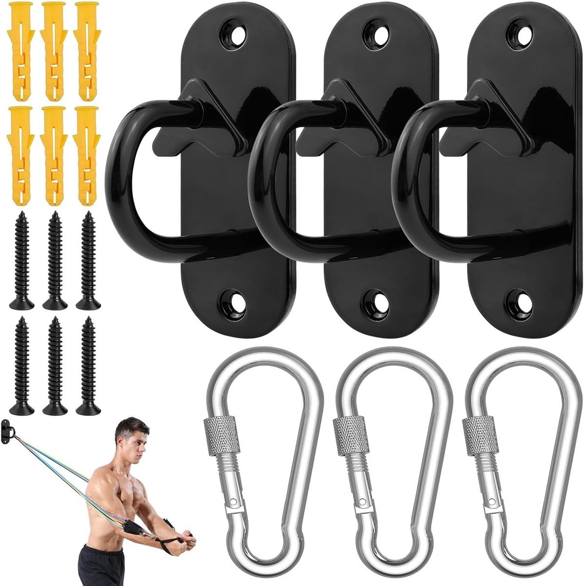 Weerstandsband Wandanker voor Krachttraining - Fitness Rope Holder met Schroef Carabiner Haken voor Punching Bag, Potplanten en Schommels - Set van 3 Stuks