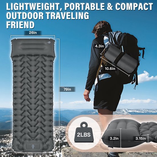 Slaapmat Camping - Luchtbed Backpacken - Kamperen Buiten - Ingebouwde Voetpomp - 79 x 25 x 8.1 cm - Grijs — afbeelding 4