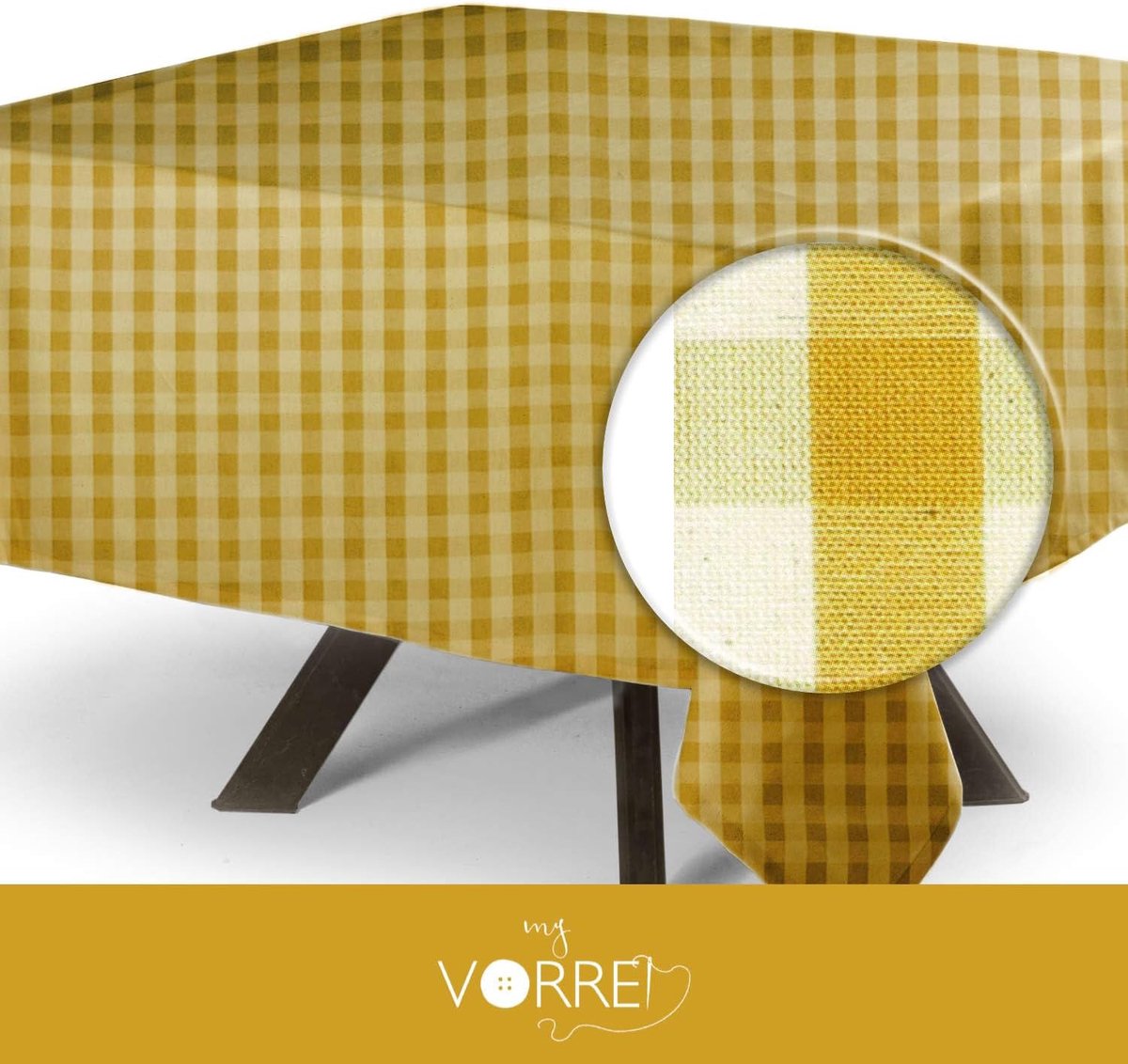Vierkant tafelkleed - Geruit textiel - Tafel decoreren - Geverfd garen - 120x120 cm - Mosterd