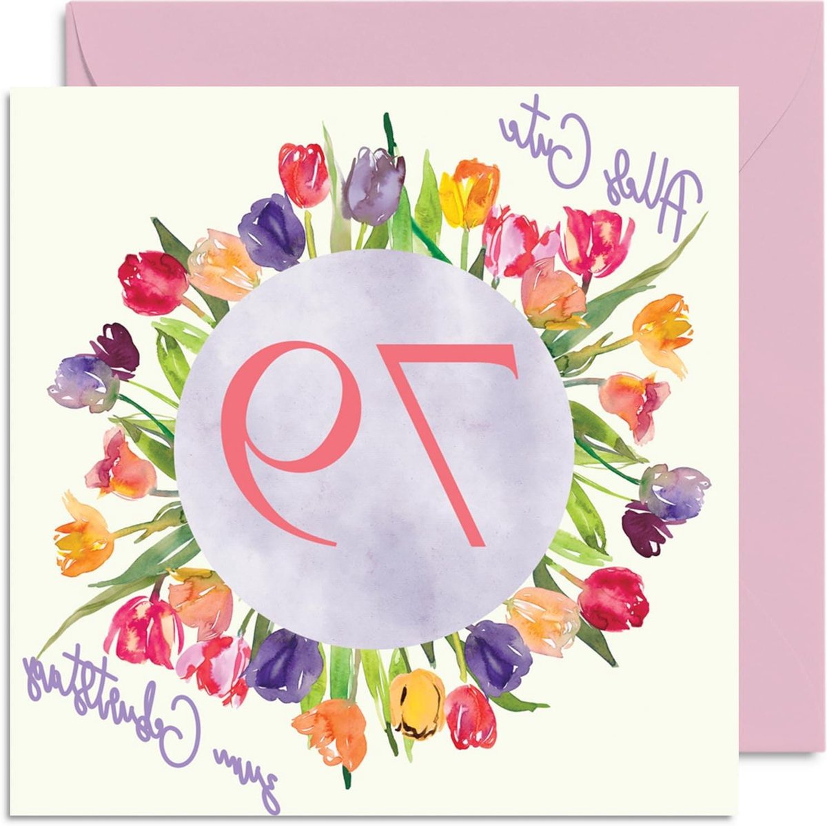 Verjaardagskaart Vrouwen - Wenskaart Bloemen - Gefeliciteerd Zeggen - Aquarel Tulpen Design - 145 x 145 mm - Multicolor