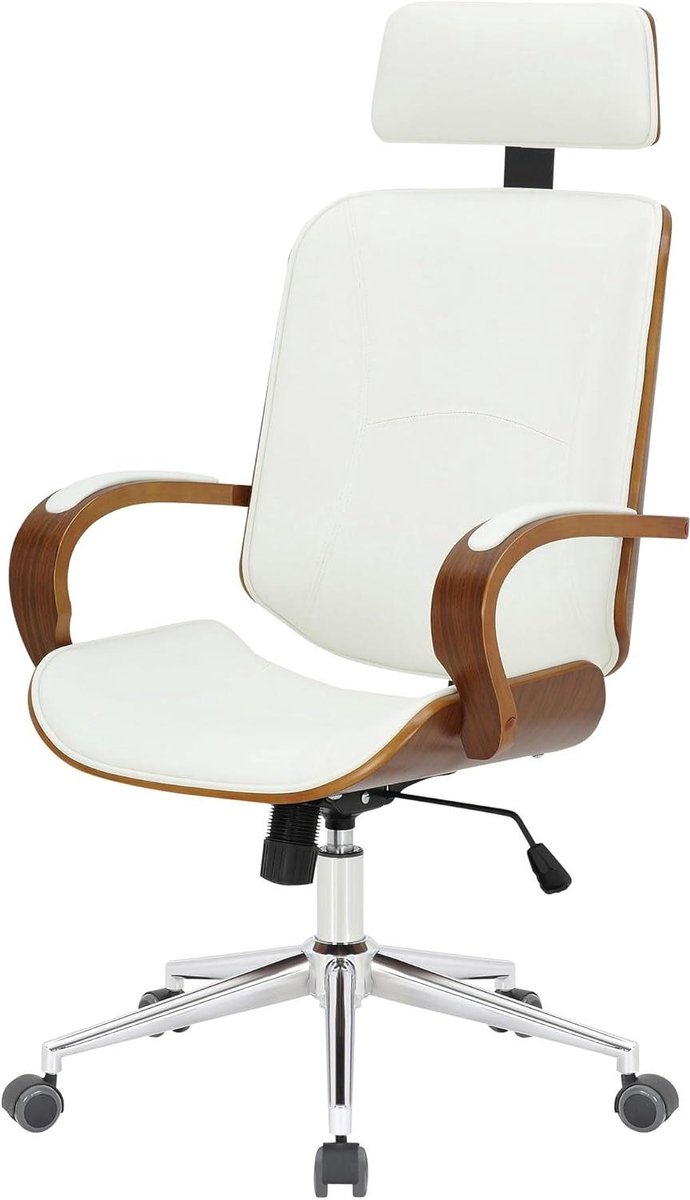 Bureaustoel met hoofdsteun - Ergonomische draaistoel - Comfortabel werken - Gebogen houten frame - Tot 150 kg - Walnoot wit
