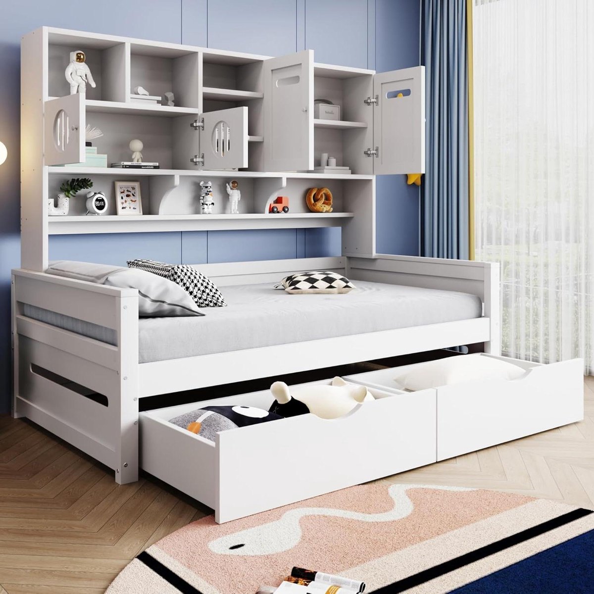 Houten Slaapbank - Eenpersoonsbed - Ruimte Besparen - Veel Opbergruimte - 90x200 cm - Wit