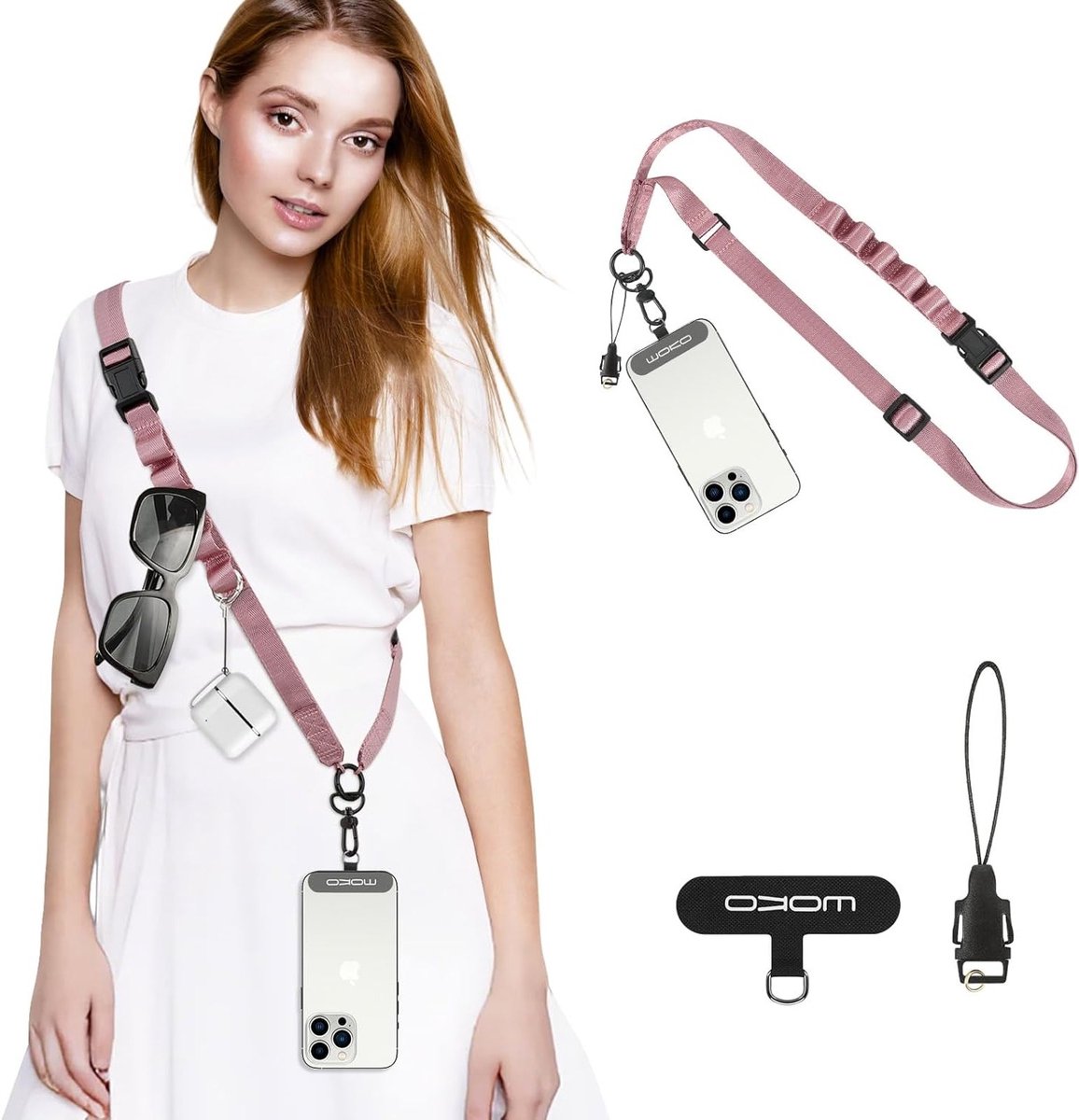 Verstelbare telefoon lanyard voor dames en heren, afneembare crossbody riem met patches voor iPhone en smartphones, ideaal voor dagelijks gebruik en festivals