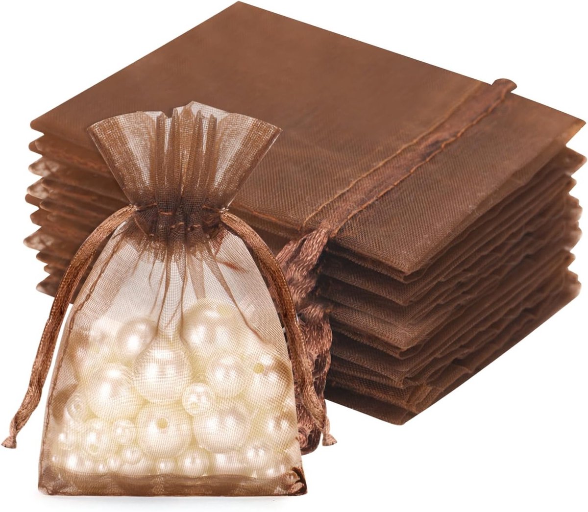 50 Bruine Organza Tassen: Luxe Geschenktassen van 7 x 9 cm met Trekkoord voor Cadeaus, Bruiloften en Valentijnsdag