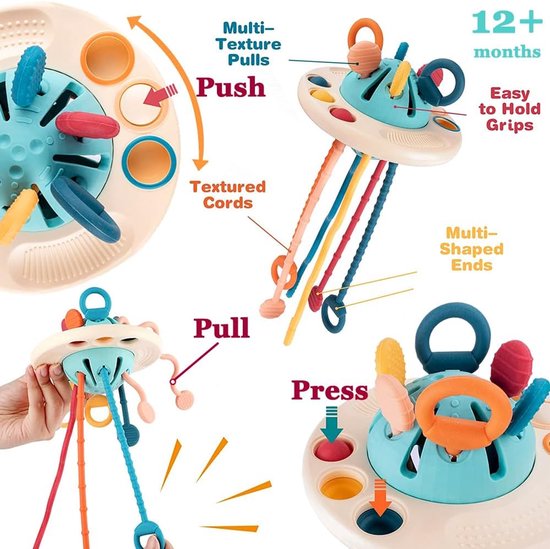 Taishengda®Babyspeelgoed 1 2 3 jaar, Montessori-speelgoed 1 jaar, sensorisch speelgoed voor baby's, bijtspeelgoed voor baby's van 6 9 18 maanden, UFO-siliconen trektouwspeelgoed, cadeau voor meisjes en jongens — afbeelding 5