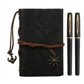 Zwarte schrijfwarenset dames heren notitieboek met gel pennen set leer look hardcover dagboek met sluiting en kompas design inclusief 2 pennen 3 delig