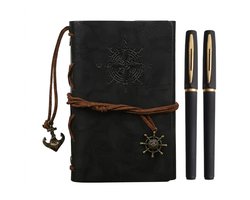 Zwarte schrijfwarenset dames heren notitieboek met gel pennen set leer look hardcover dagboek met sluiting en kompas design inclusief 2 pennen 3 delig
