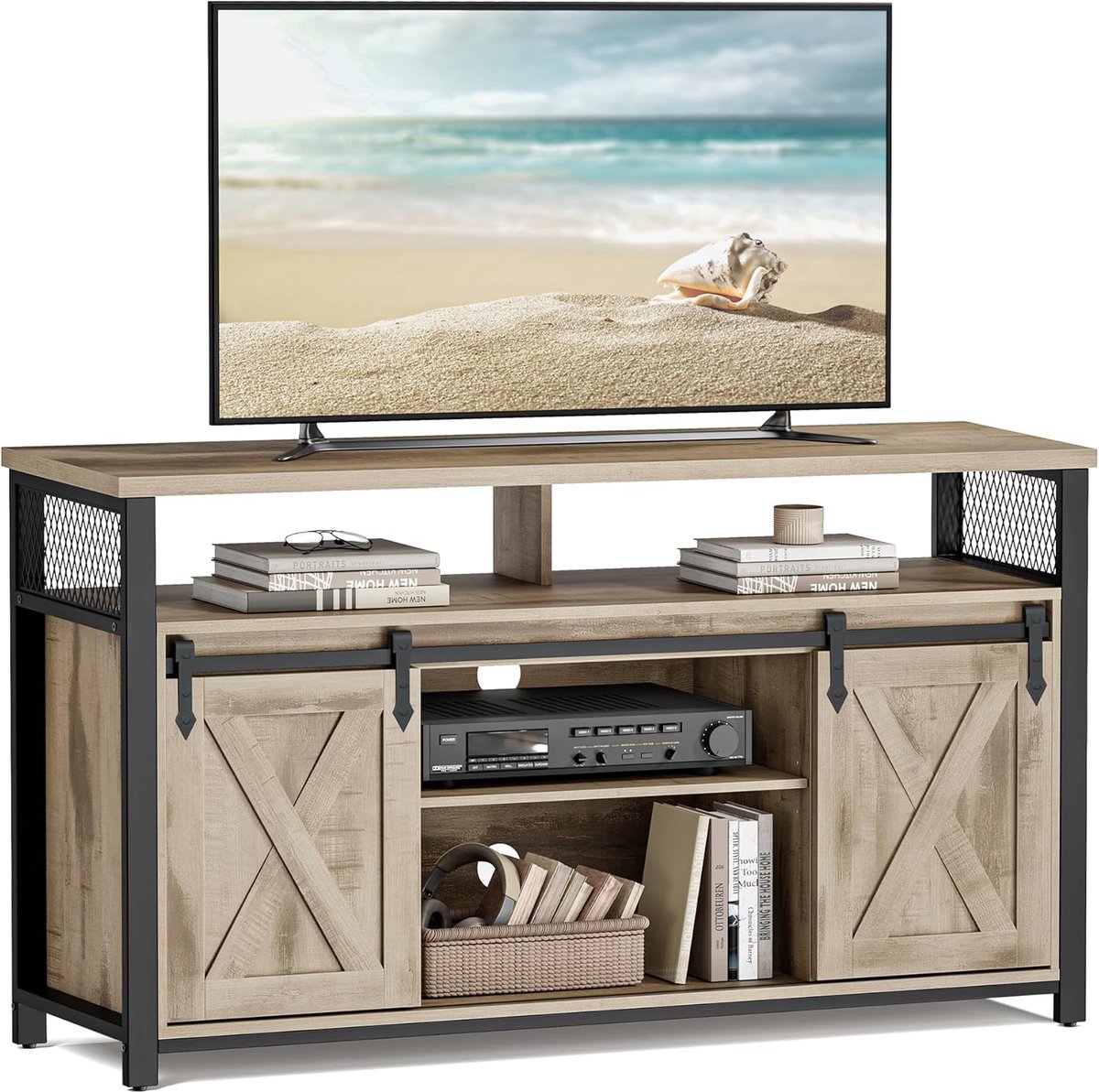 OakLine Sliding 135 cm TV-meubel voor TV’s tot 60 inch met schuifdeuren, verstelbare planken, metalen frame en kabelmanagement 135 x 40 x 76 cm – Casa Dorada