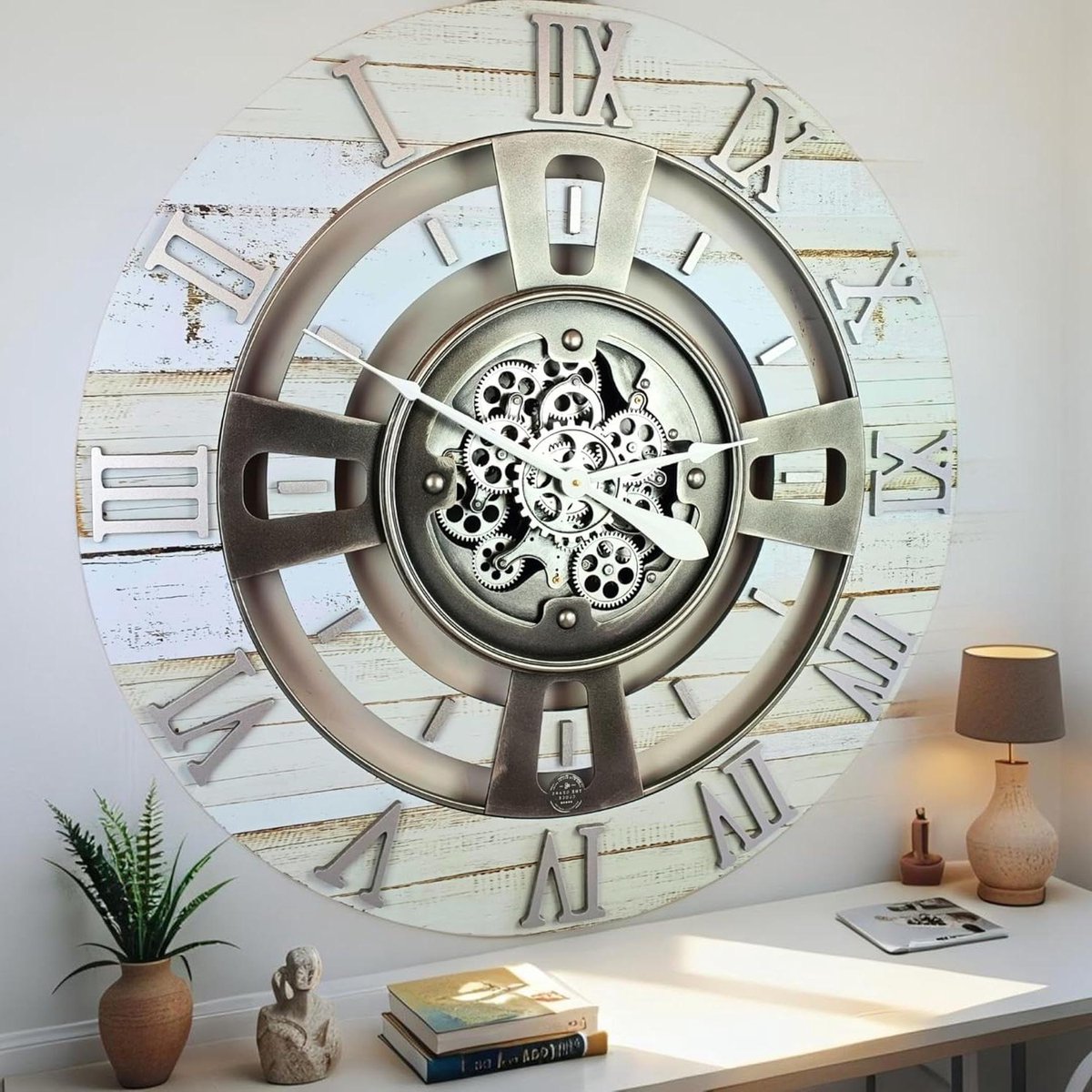 Wandklok met Tandwielen - Industriële Klok Vintage Klok - Woonkamer Decoratie - Echte Bewegende Tandwielen - 60 cm - Woestijn Beige