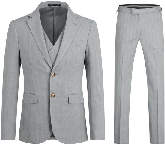 Grijs gestreept driedelig pak met vest, jasje met knopen en broek.
