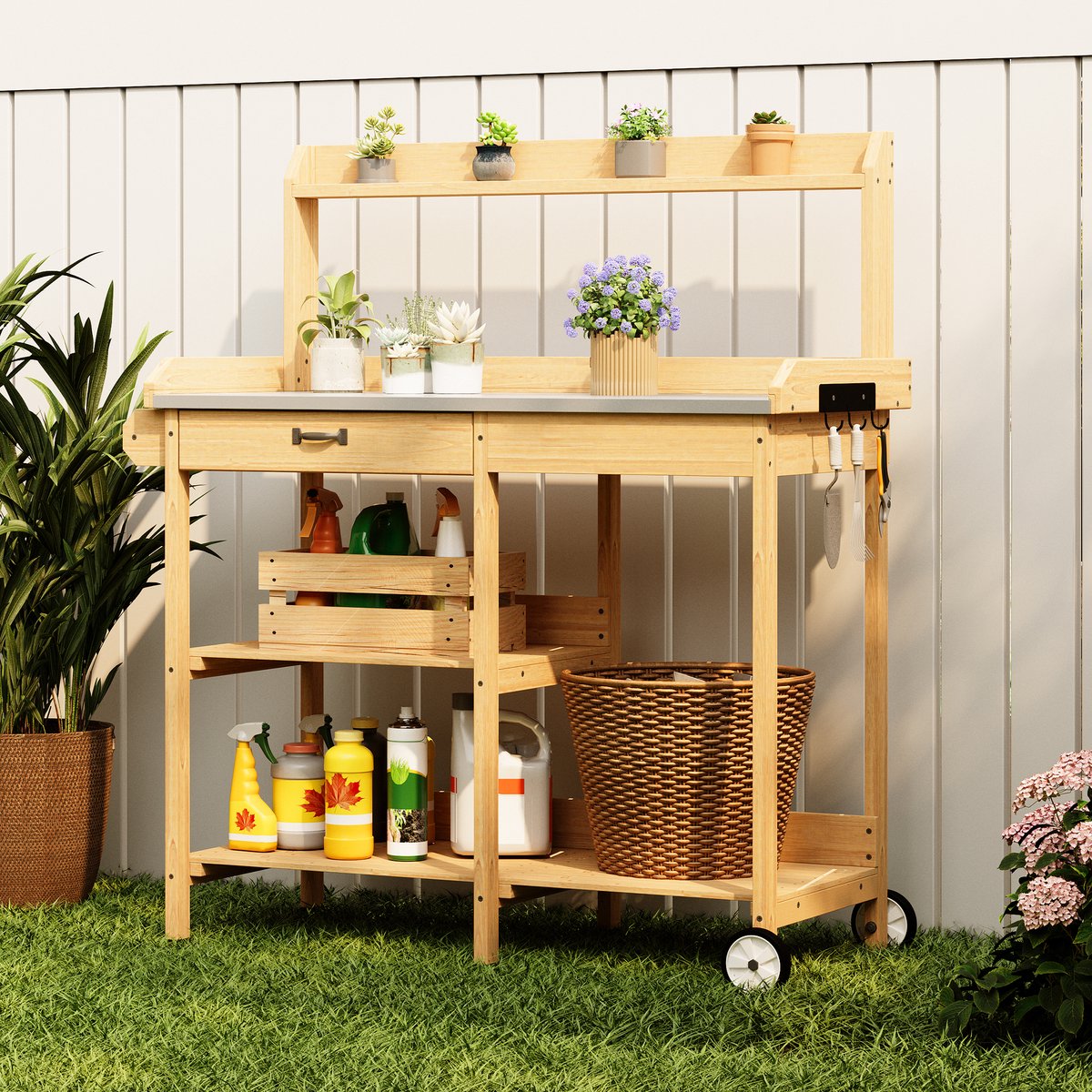 Xbro Tuinkast met Waterdicht Werkblad en Opbergvakken – Plantentafel met Lade, Haken & Wielen – Voor Binnen & Buiten – Houten Opbergkast voor Tuin & Balkon – 112 x 43 x 120 cm