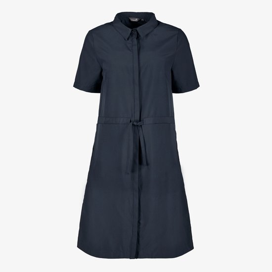 Robe bleu foncé à manches courtes, col et ceinture à nouer