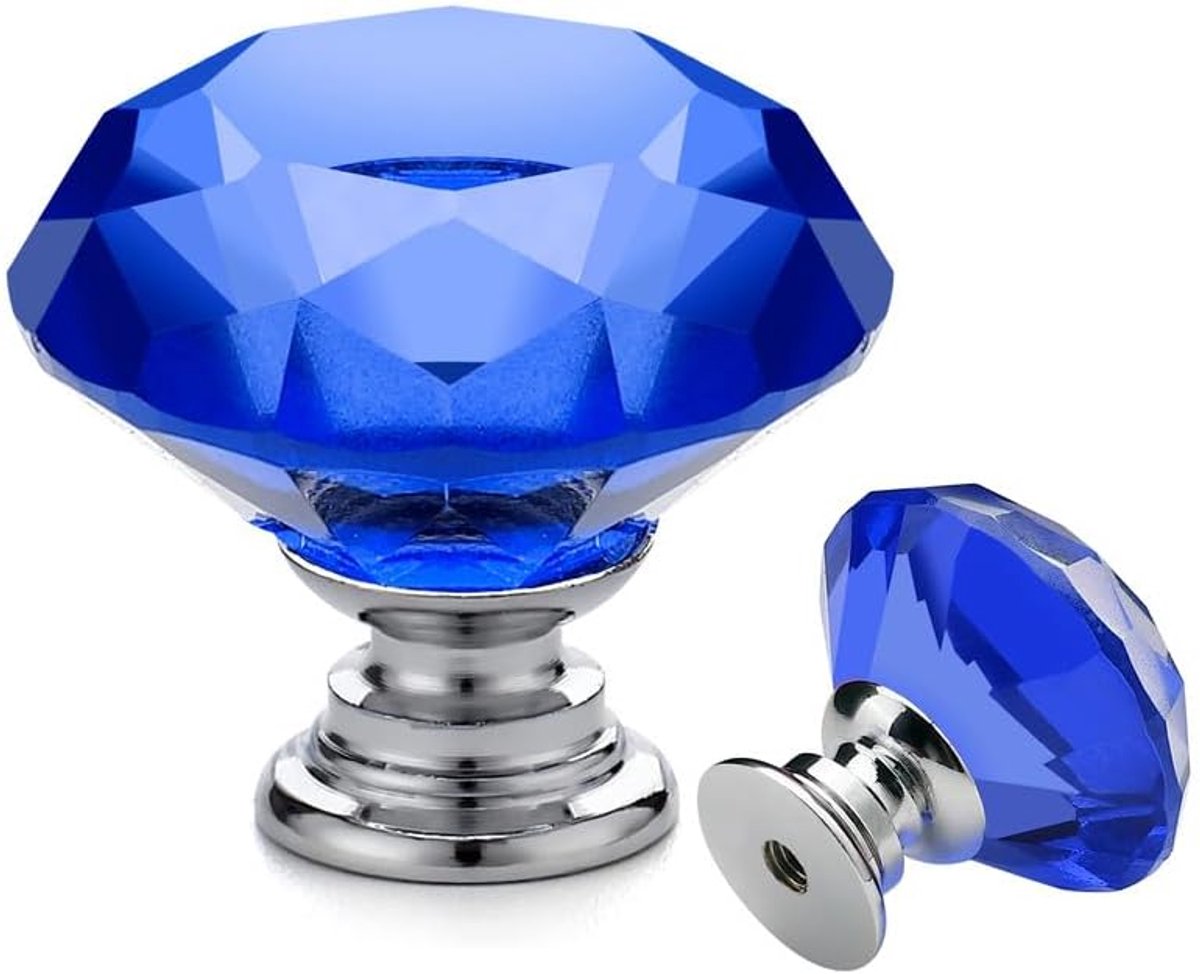 Ladeknoppen Set - Kristallen Handgrepen Blauw - 5 Stuks - 30 mm Diamantvorm - Voor Keuken Kast en Commode - Zilveren Basis