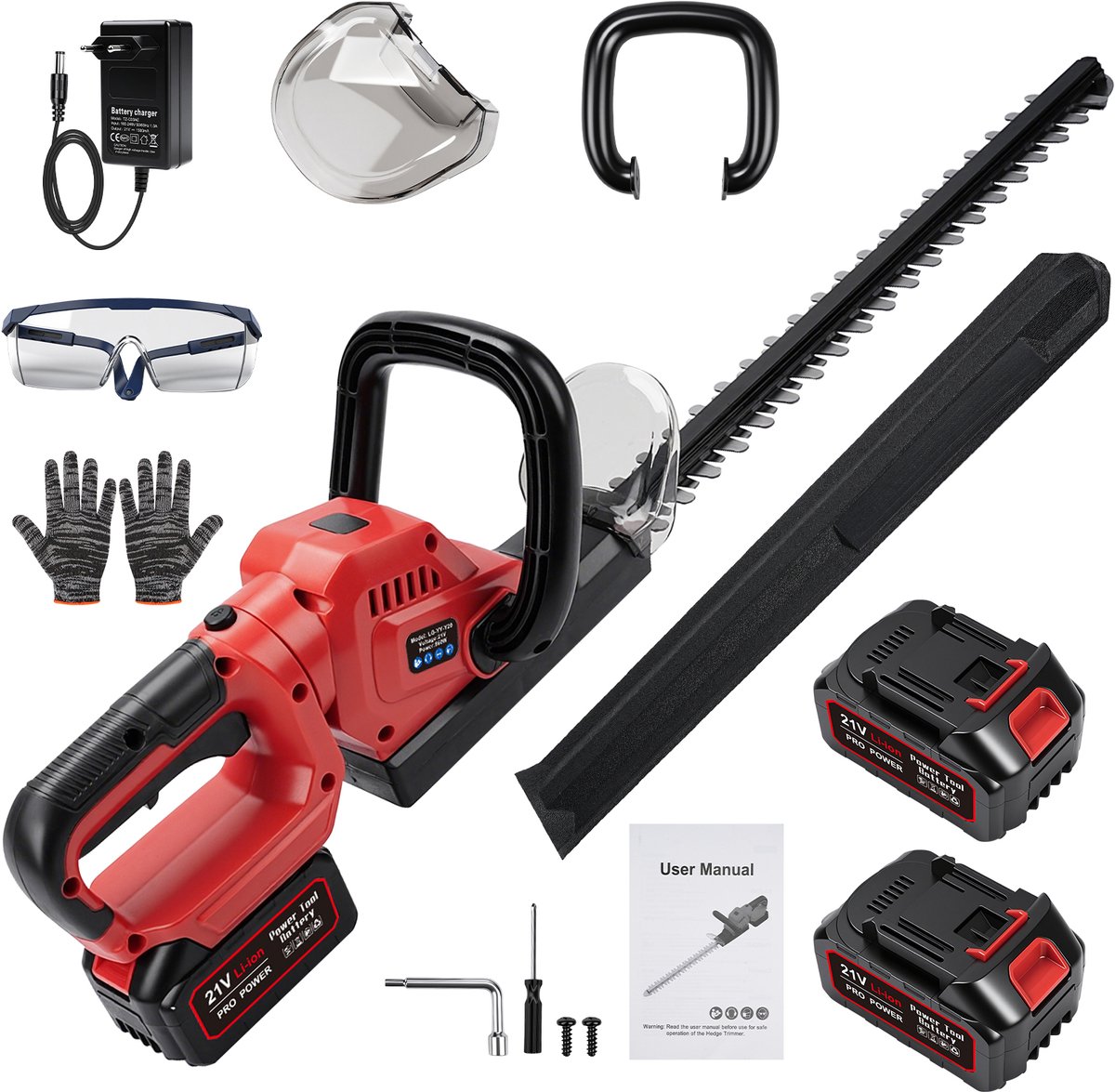 Draadloze Elektrische Heggenschaar - Inclusief 2 x 3.0Ah Accu - 20 Inch Accu Heggenschaar - Makita voetplaat - 50cm Lemmet - Met Veiligheidsbril, Handschoenen & Beschermhoes - 850 W heggenschaar voor tuin, struiken en randplanten