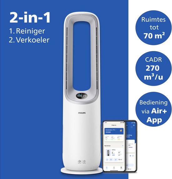 Philips 7000 Series Air Performer 2-in-1 Luchtreiniger en Ventilator - CADR 270m3/u - Ruimtes tot 70m2 - 3 laags HEPA Filtratie - Air+ app - Wit - AMF765/10