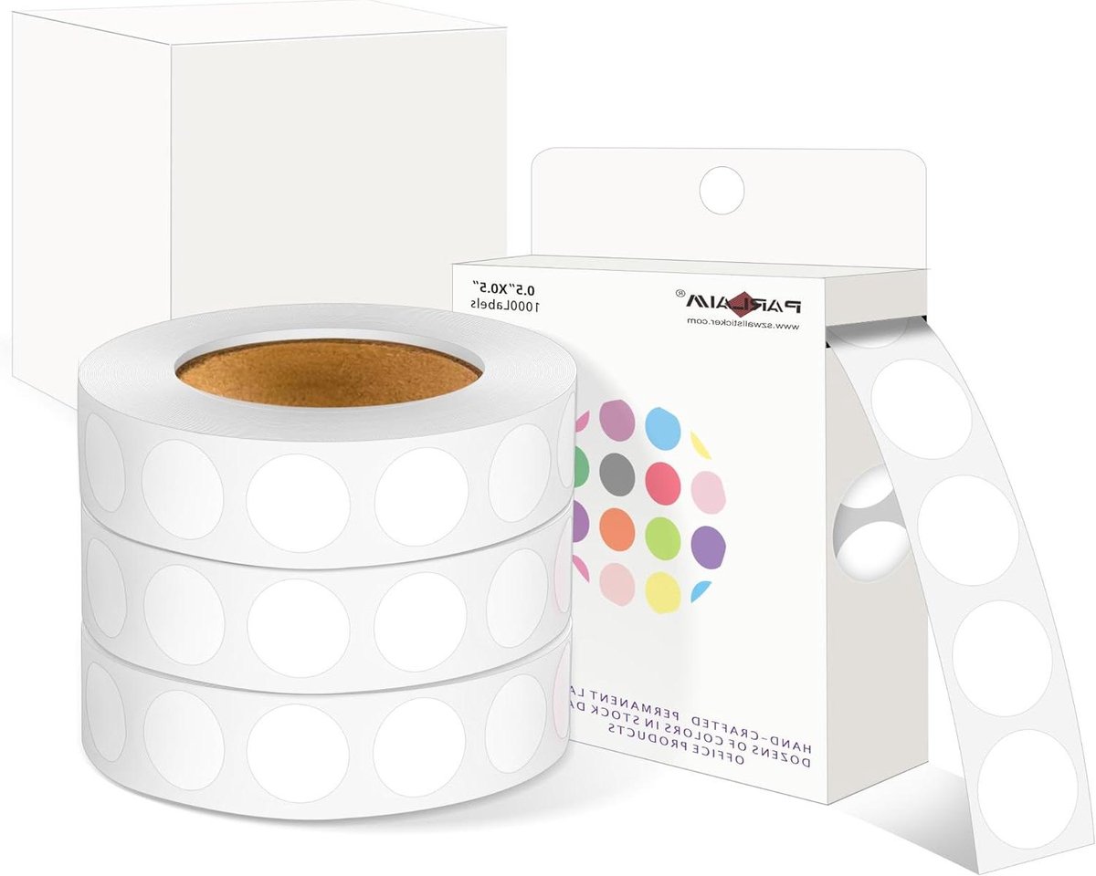 Stip Stickers - Cirkel Etiketten - Kleur Coderen - Permanente Lijm - 0.5 Inch Diameter - Wit
