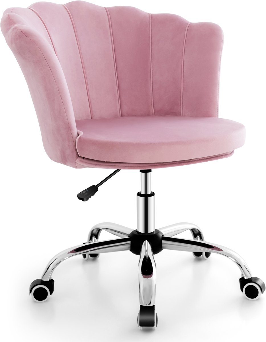 COSTWAY Bureaustoel van fluweel, draaistoel met wieltjes, in hoogte verstelbare make-upstoel, bureaustoel, computerstoel, fluwelen stoel voor slaapkamer, werkkamer (roze), 69 x 64 x 74–82 cm - COSTWAY - €97,49