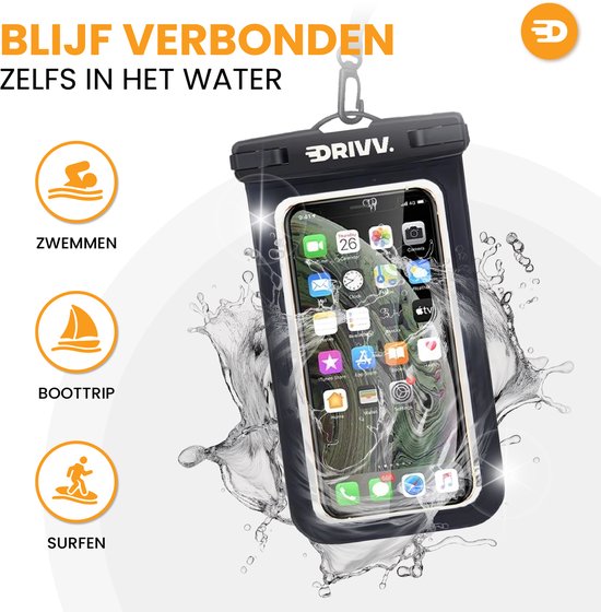 Zwart Drivv. telefoonhoesje toont telefoonapps, met icoontjes voor zwemmen, boottocht en surfen, en waterplons.