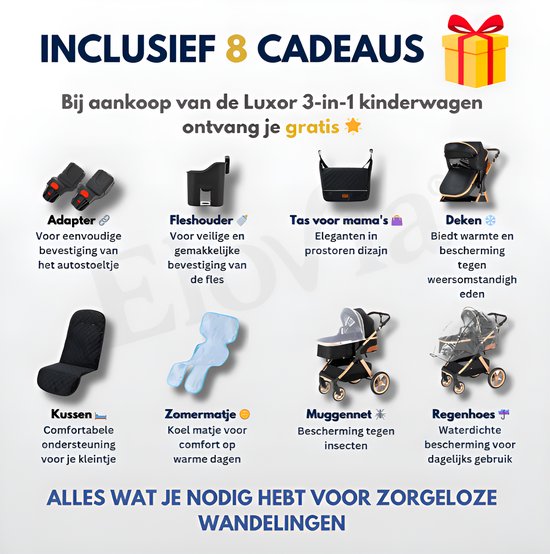 Inclusief 8 cadeaus bij aankoop van de Luxor 3-in-1 kinderwagen: adapter, fleshouder, tas, deken, kussen, zomermatje, muggennet, regenhoes.