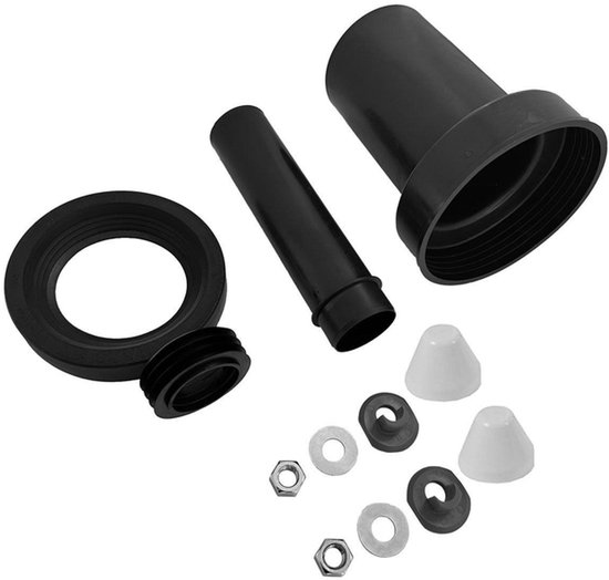 Toilet aansluitset met zwarte ringen, buizen, moeren en witte keggen.