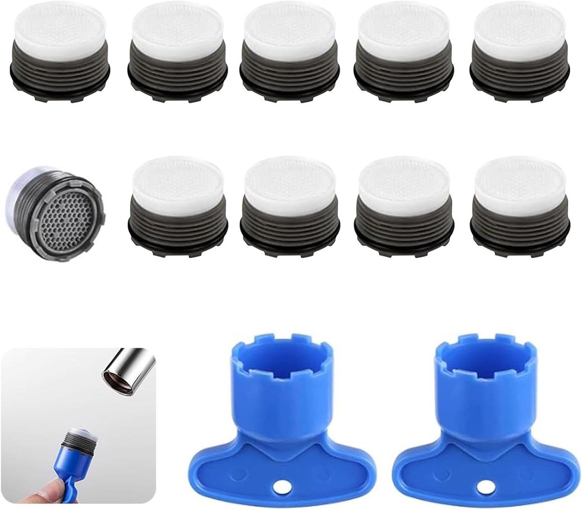 - Set van 10 kunststof straalregelaars 24 mm voor waterkranen - M24 filter voor wastafel en keukenkraan - Inclusief 2 sleutels- Beluchter kraan filterkraan voor zuiniger waterverbruik