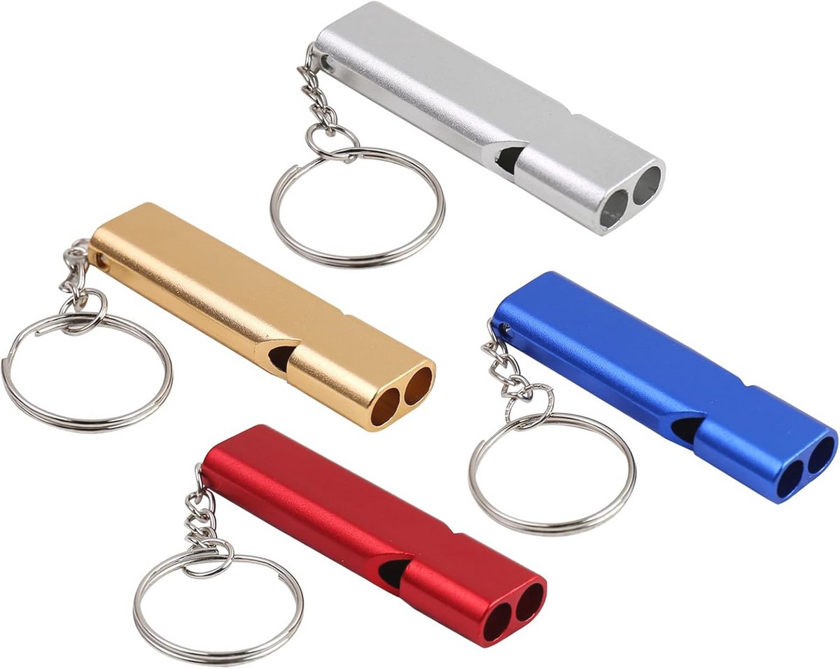 Noodfluitje voor Overlevingssituaties - 4 Stuks Dubbele Buizen Veiligheidsfluitjes met Sleutelhanger voor Kamperen, Wandelen en Varen