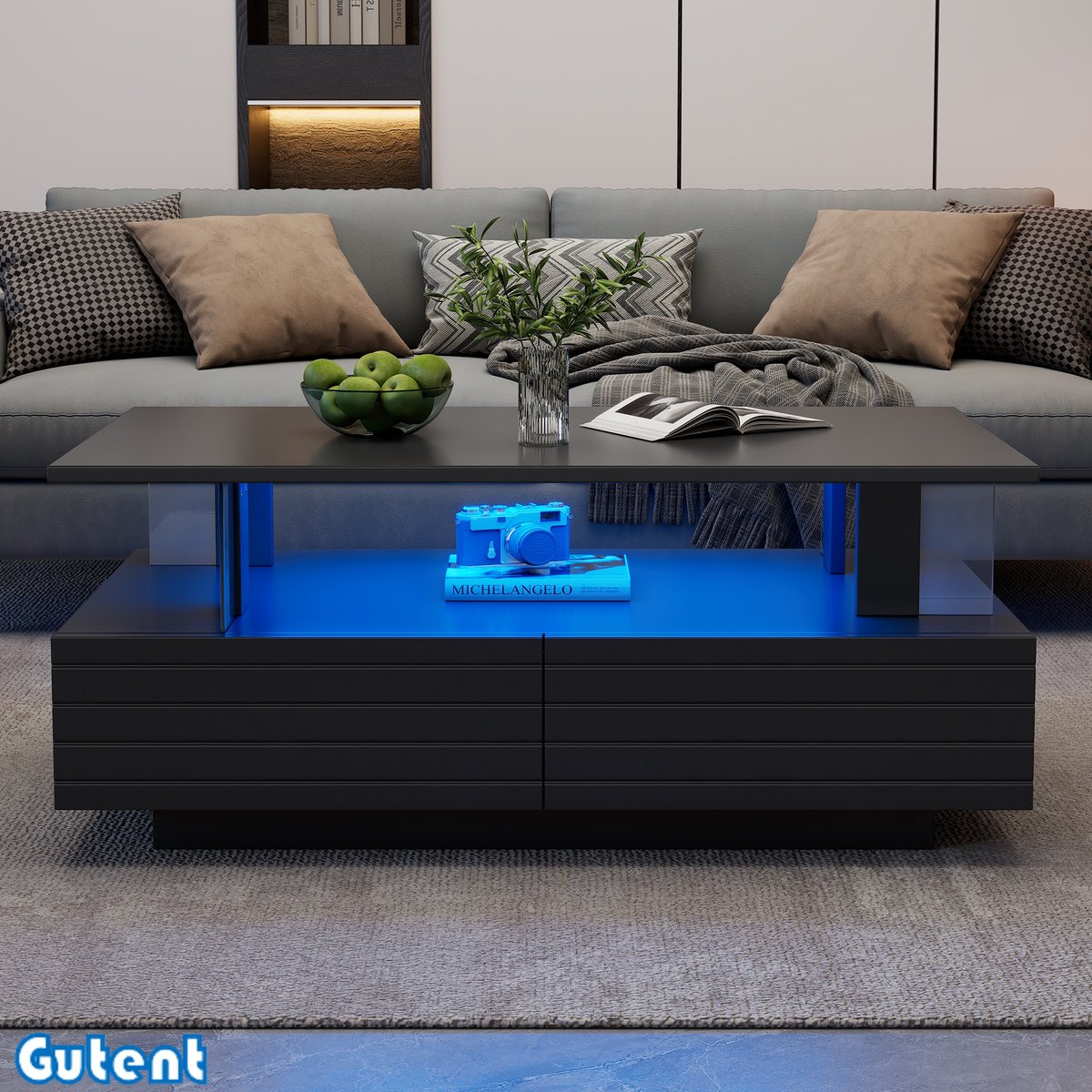 Gutent Salontafel - Zwart - LED-koffietafel - met opbergruimte - Acryltafel - Dubbele rechthoek - met mobiele Bluetooth-appbediening