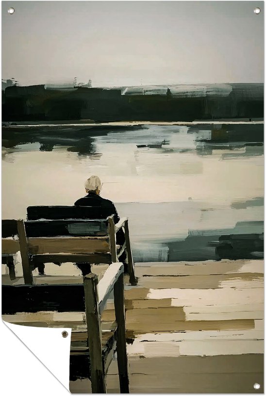 Foto: Contemplatie aan een stille waterkant rust buitenposter tuinkunst bank minimalisme muurdecoratie tuin tuin decoratie tuinposter 60x90 cm
