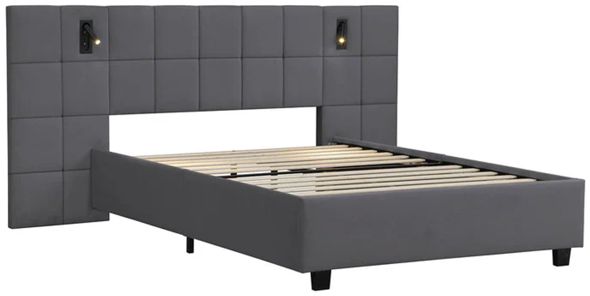 Gestoffeerd Bed Luzano - 140x200cm - Fluweel - Incl. Leeslampje - Donkergrijs