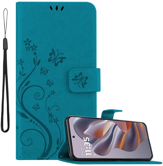 Cadorabo Hoesje geschikt voor Motorola Moto Edge 50 Neo in BLOEMEN BLAUW - Beschermhoes in bloemmotief met magnetische sluiting, standfunctie en kaartsleuven Book Case Cover Etui