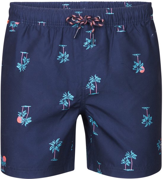 Short de bain bleu marine avec imprimé all-over de palmiers et de noix de coco roses. Ceinture élastique avec cordon de serrage.