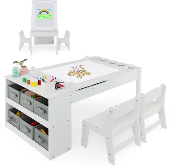 Foto: Costway kindertafel met 2 stoelen 3 in 1 activiteitstafel en schildersezel van hout met optilbaar tafelblad met gekleurde bekers 6 stoffen containers en papierrol kinderzitgroep voor vanaf 3 jaar 