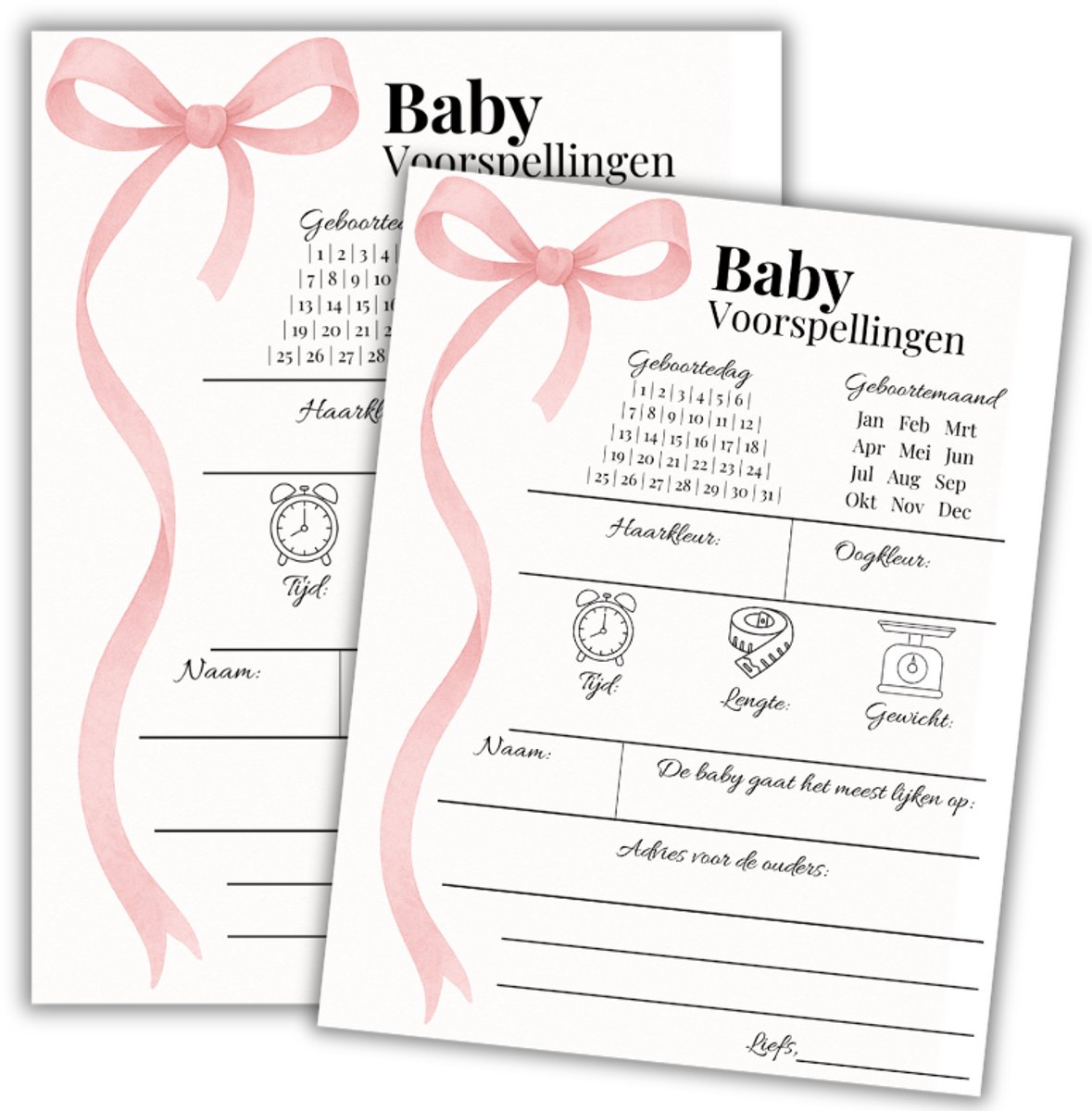 Babyshower invulkaarten - 20 Stuks Babyshower- Babyshower Spelletje - Voorspellingen Kaartjes - Babyshower Meisje Strikjes - Invulkaarten