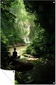 Meditatie, Silhouet, Waterval, Groen, zwart, wit, geel, bruin