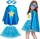 Joya Kids® Verkleedset Meisje | Superhelden Outfit Kind | Tutu Rok + Metallic Cape + Masker | Superheldin Ster | Prinses | Meisje Verkleedset | Prinsessencape | Carnaval | Verkleedkleding 3-delig | Blauw