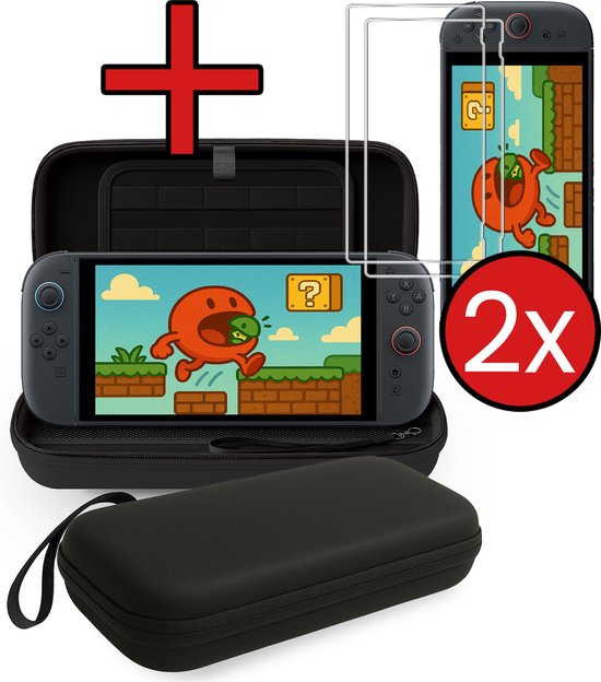 Zwarte hoes voor Nintendo Switch met gamepersonage op scherm, inclusief 2 screenprotectors en 2x label.