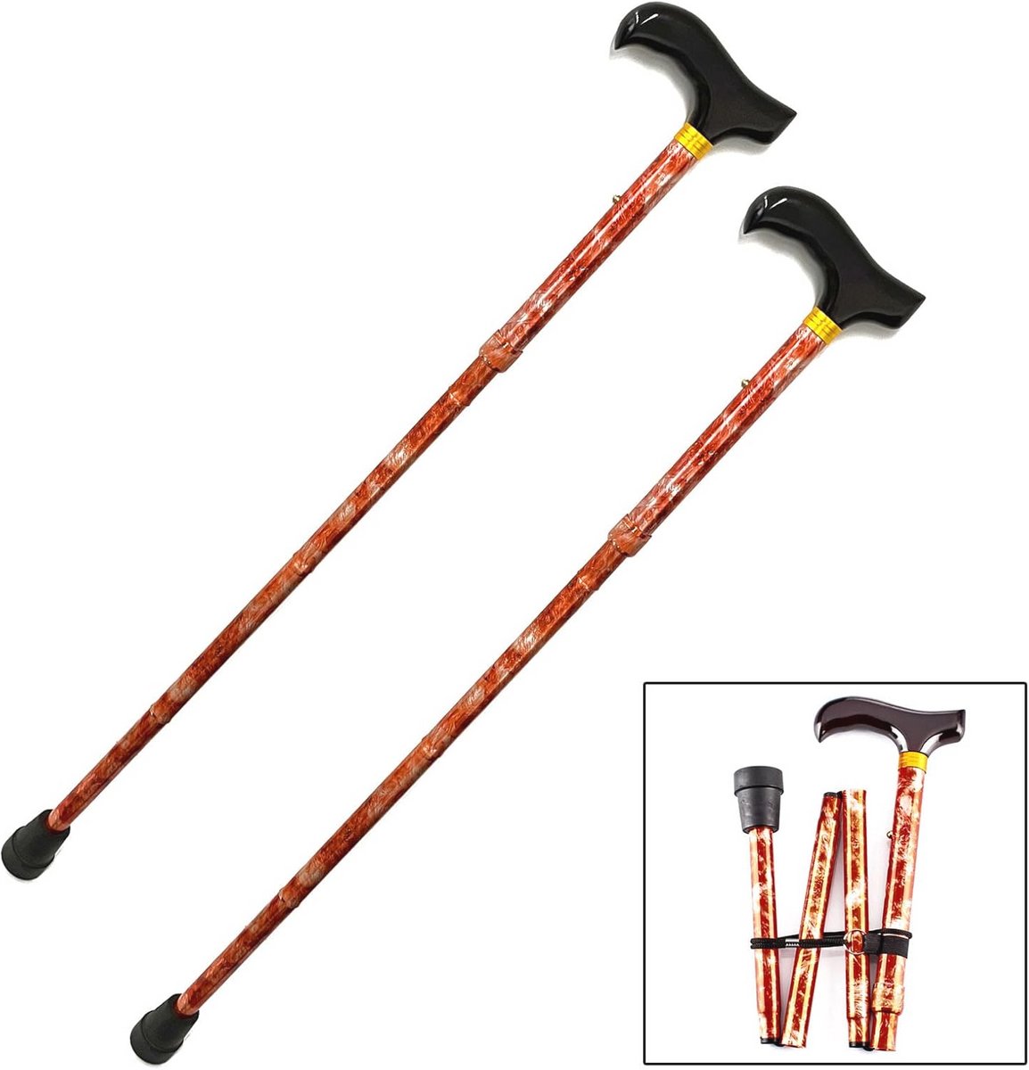 Opvouwbare wandelstokken set van 2 - Verstelbare aluminium wandelhulp met houten handvat - Koperkleurig design