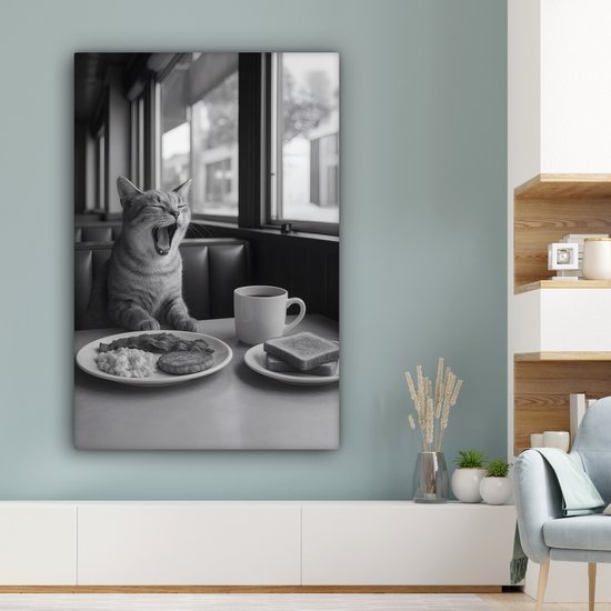 Canvas schilderij 80x120 cm - Exclusieve wanddecoratie Kat - Koffie - Brood - Zwart - Muurdecoratie woonkamer - Slaapkamer decoratie - Kamer accessoires - Schilderijen op canvas
