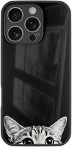 Hoesje geschikt voor Apple iPhone 16 Pro - Kat kiekeboe - Zwart - TPU luxe case (glossy toplaag) - Print - Hardcase backcover zwart