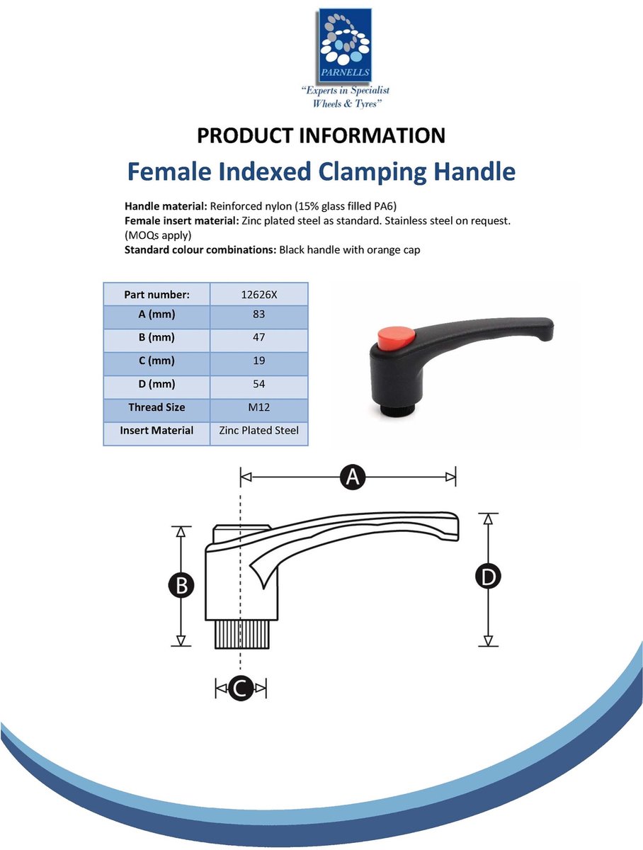 Klemhendel M12 binnendraad nylon (verzinkte schroefdraad)